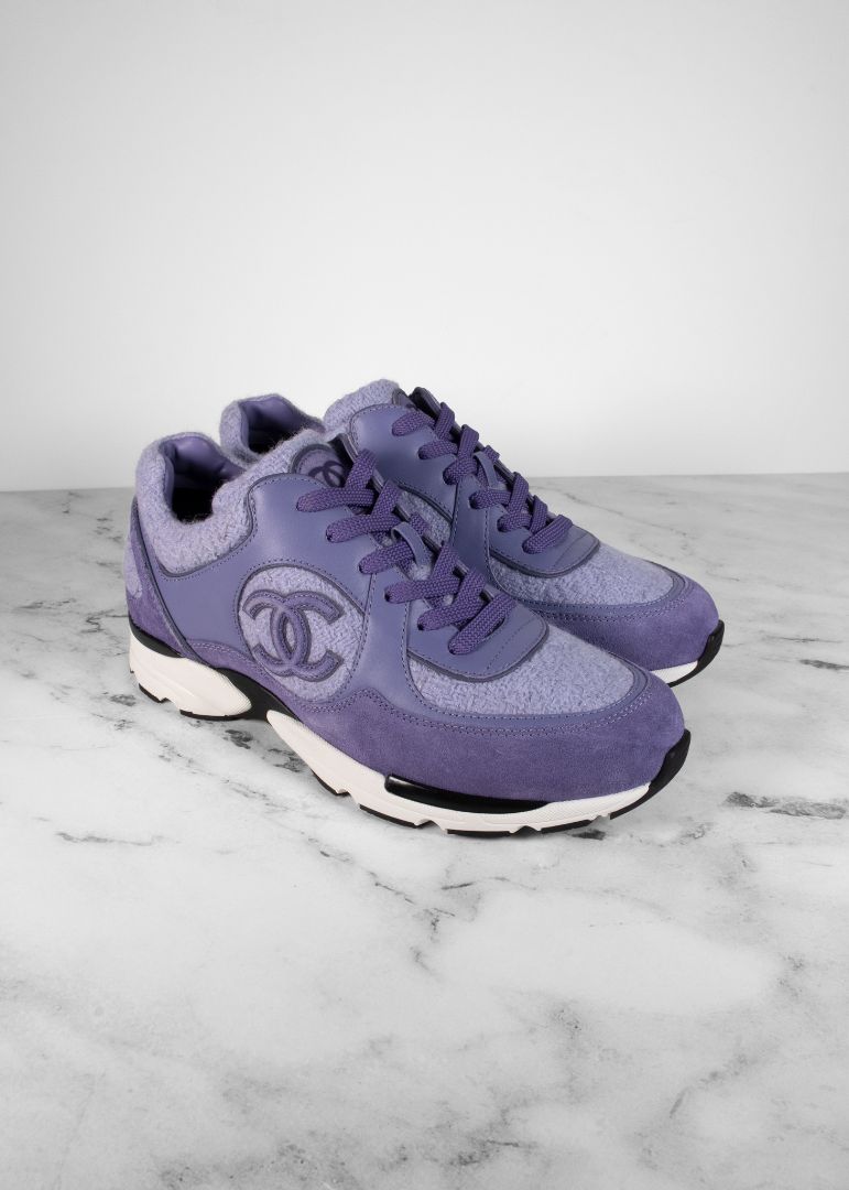 Chanel Purple Suede Leather And Tweed Sneakers