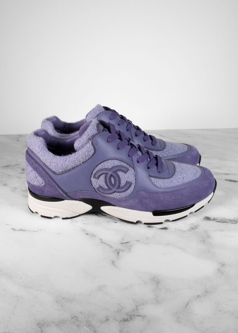 Chanel Purple Suede Leather And Tweed Sneakers