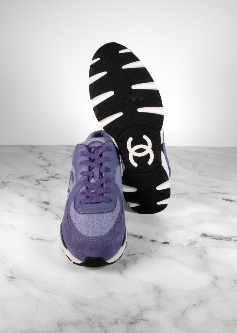Chanel Purple Suede Leather And Tweed Sneakers