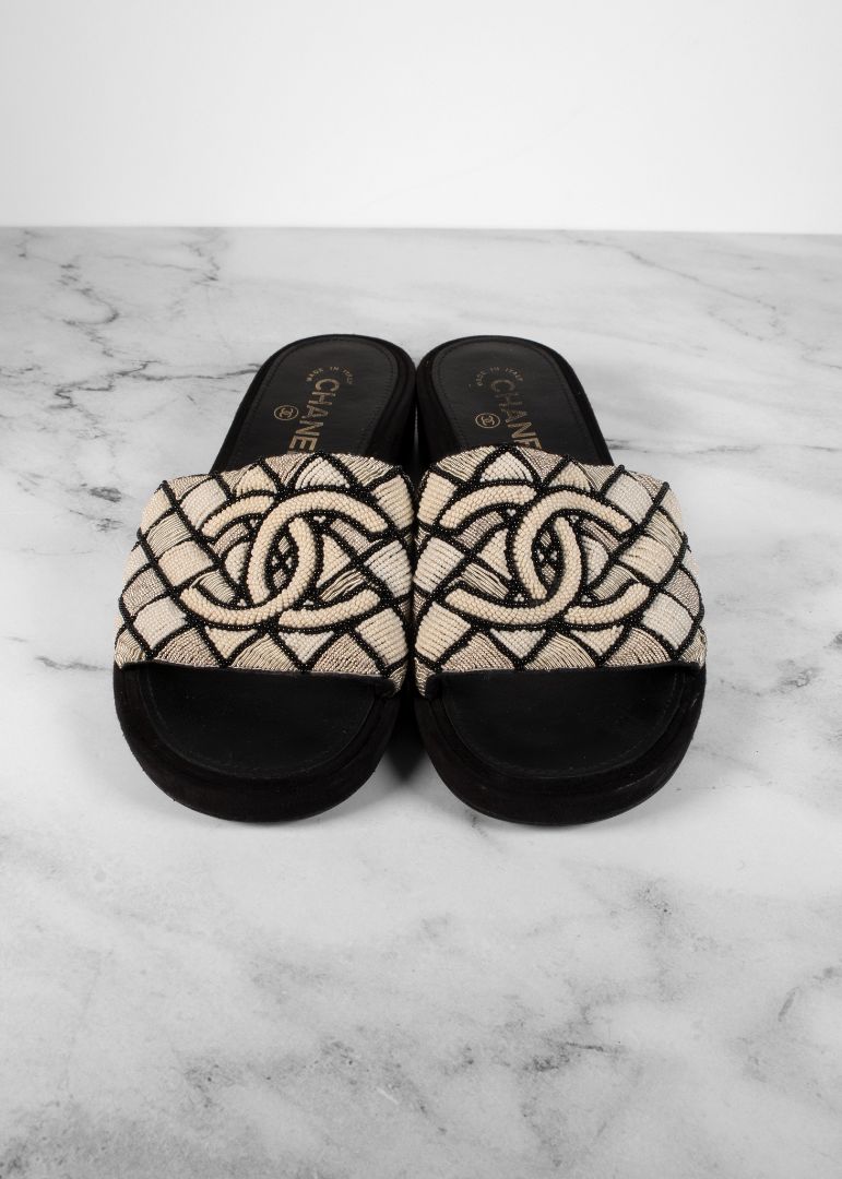 Chanel White & Black Beaded CC Sandals With Suede Heel