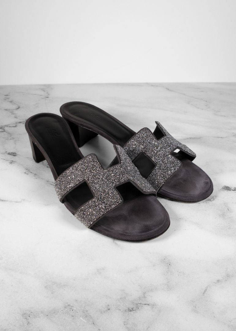 Hermes Black Oasis Sandals With Silver Glitter