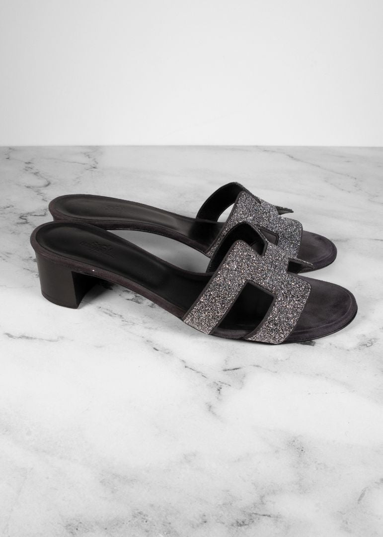 Hermes Black Oasis Sandals With Silver Glitter
