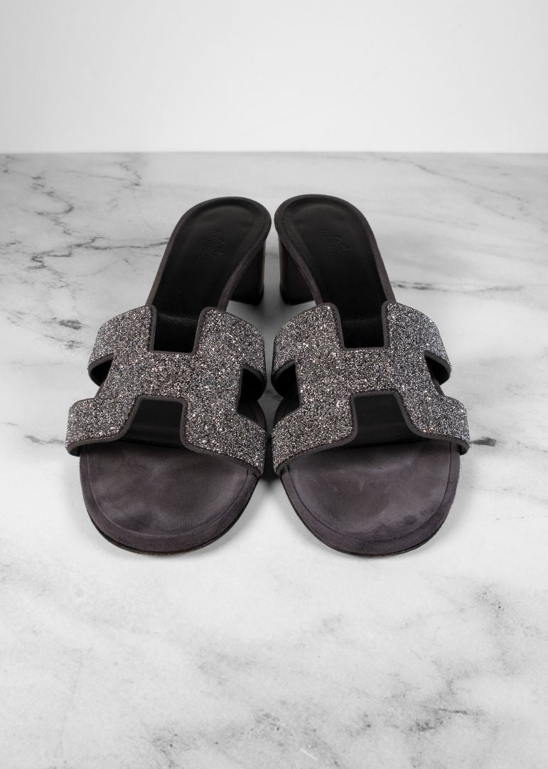 Hermes Black Oasis Sandals With Silver Glitter