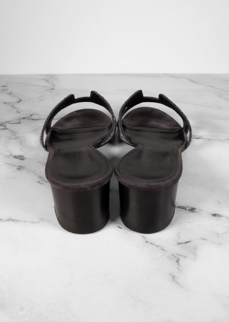 Hermes Black Oasis Sandals With Silver Glitter