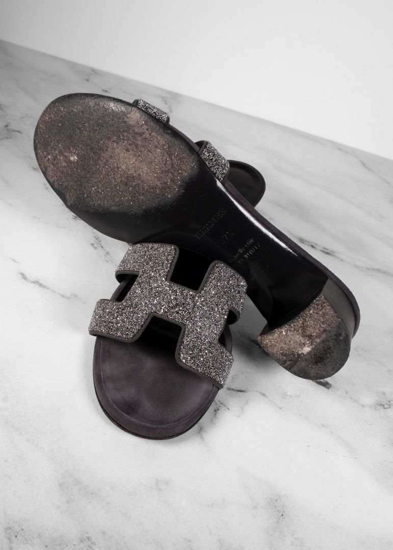 Hermes Black Oasis Sandals With Silver Glitter