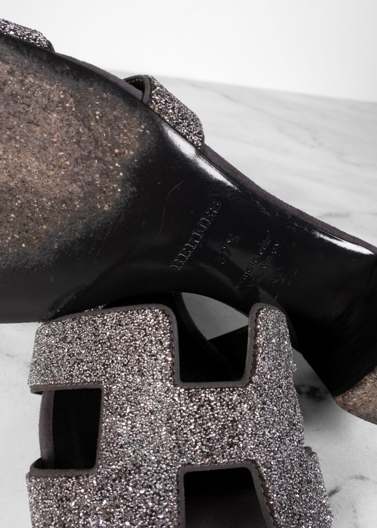 Hermes Black Oasis Sandals With Silver Glitter