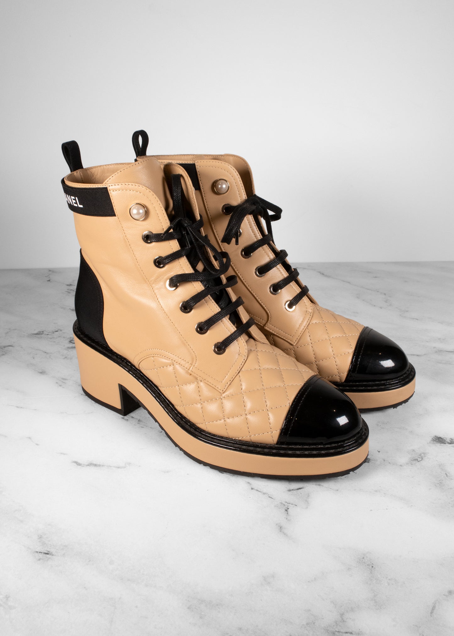 Chanel Lambskin Patent Calfskin Quilted Lace Up Boots