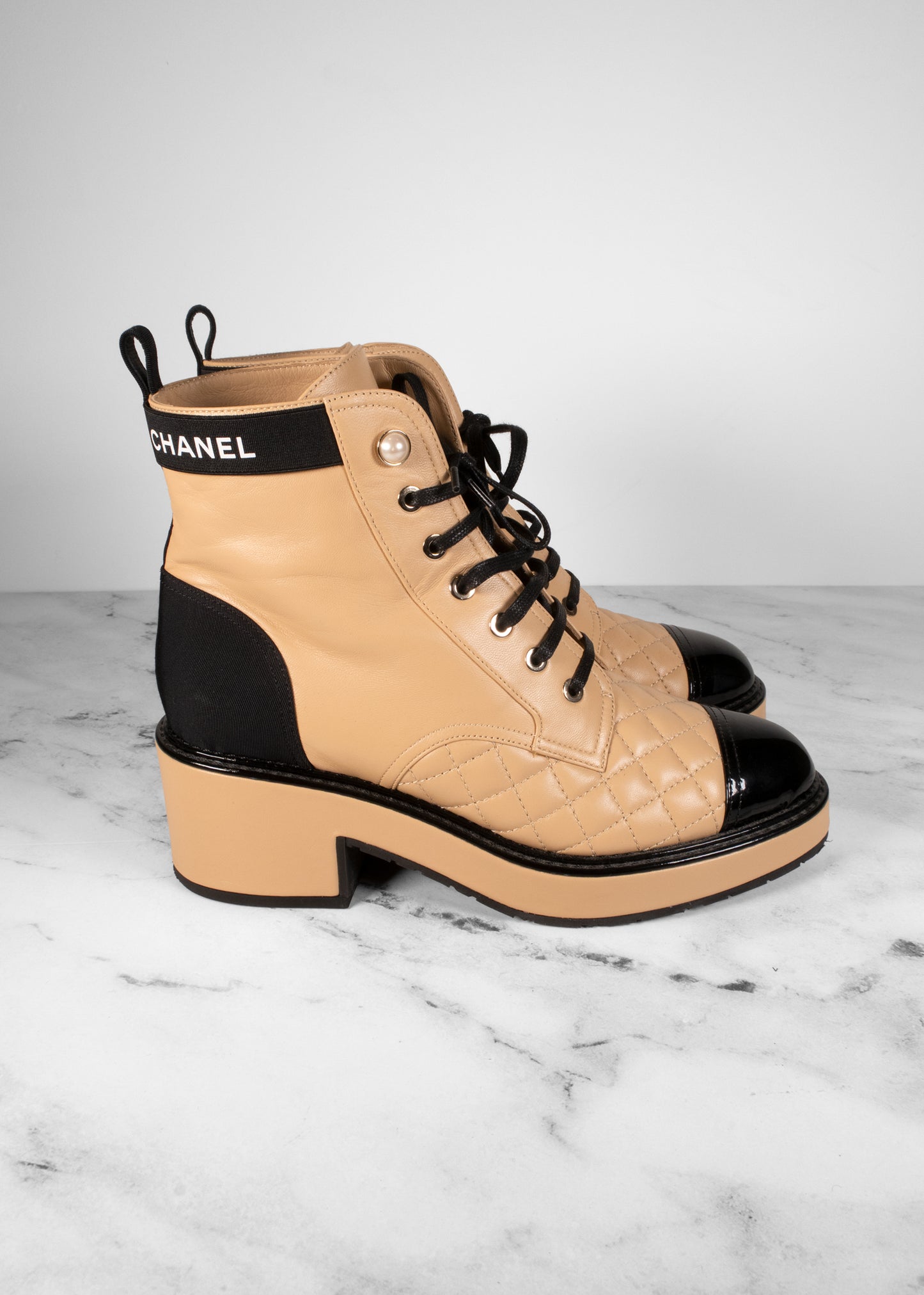 Chanel Lambskin Patent Calfskin Quilted Lace Up Boots