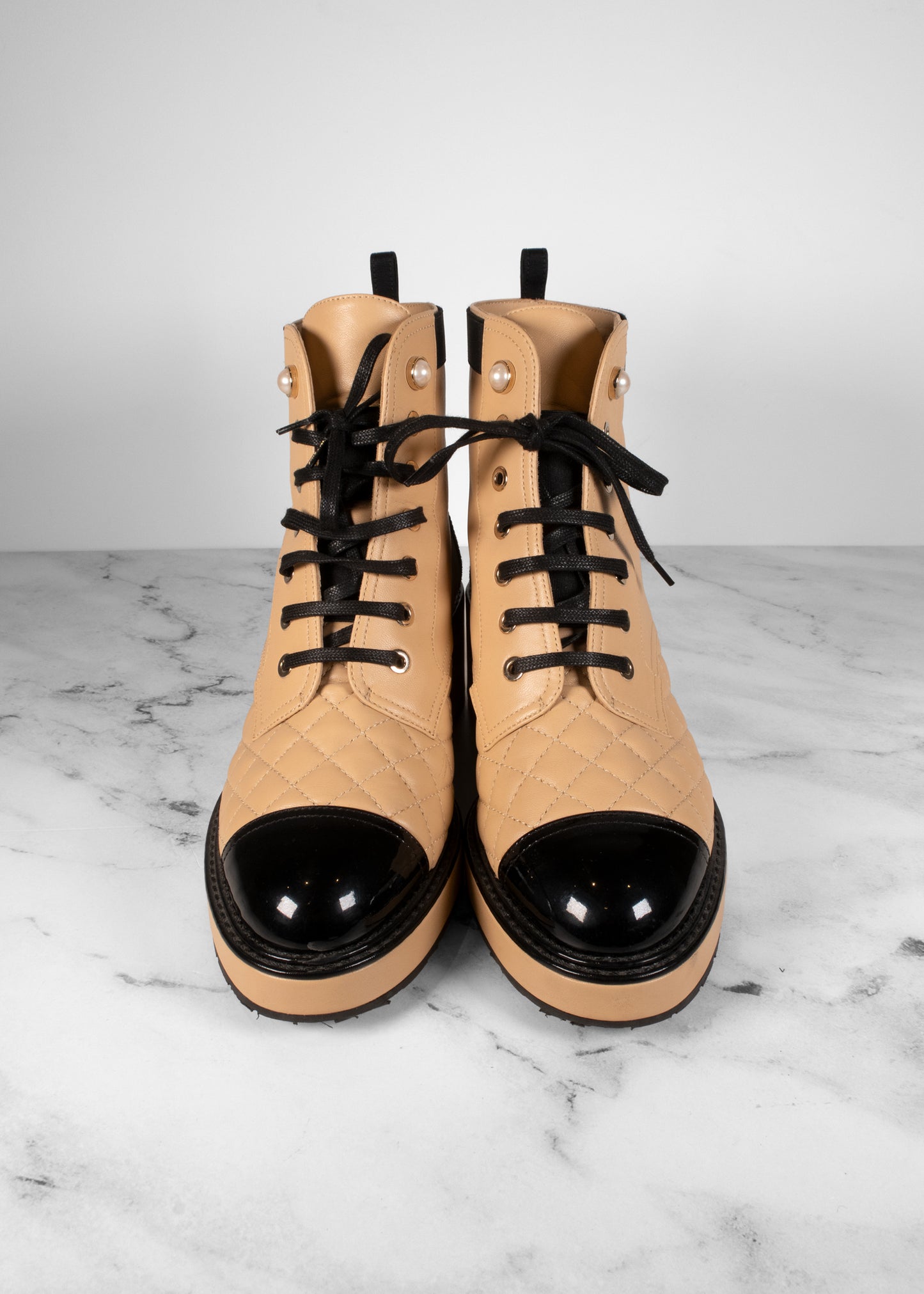 Chanel Lambskin Patent Calfskin Quilted Lace Up Boots