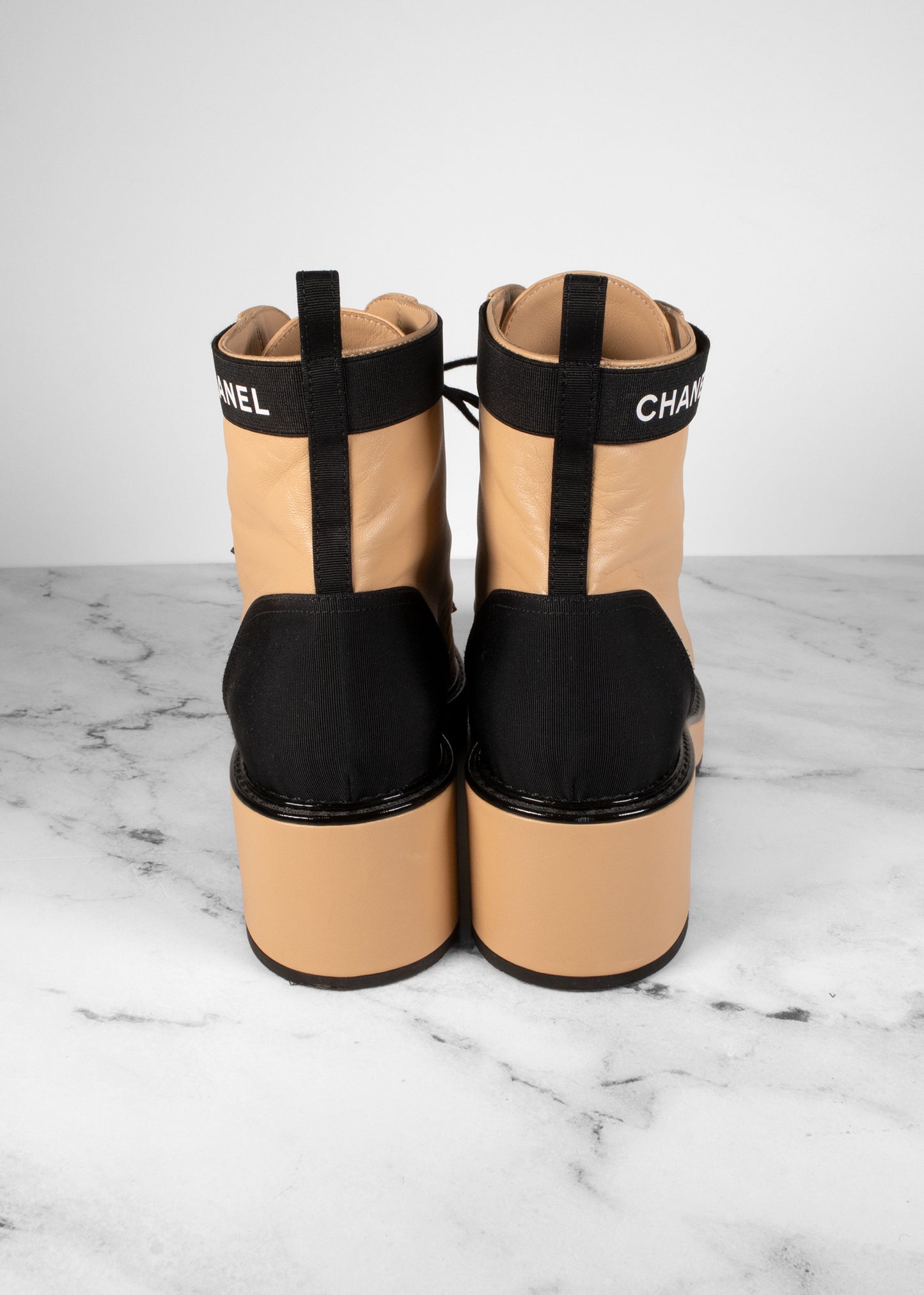 Chanel Lambskin Patent Calfskin Quilted Lace Up Boots