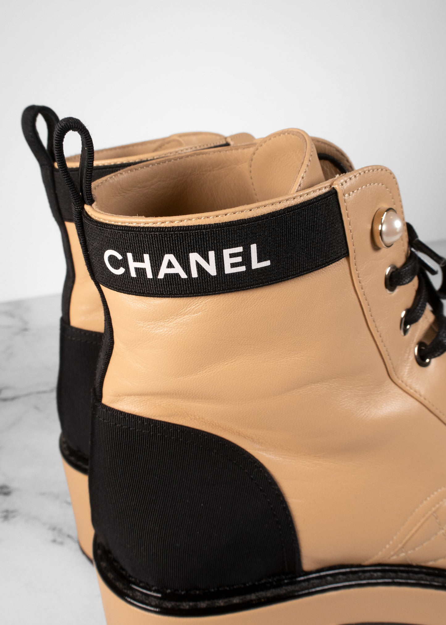 Chanel Lambskin Patent Calfskin Quilted Lace Up Boots