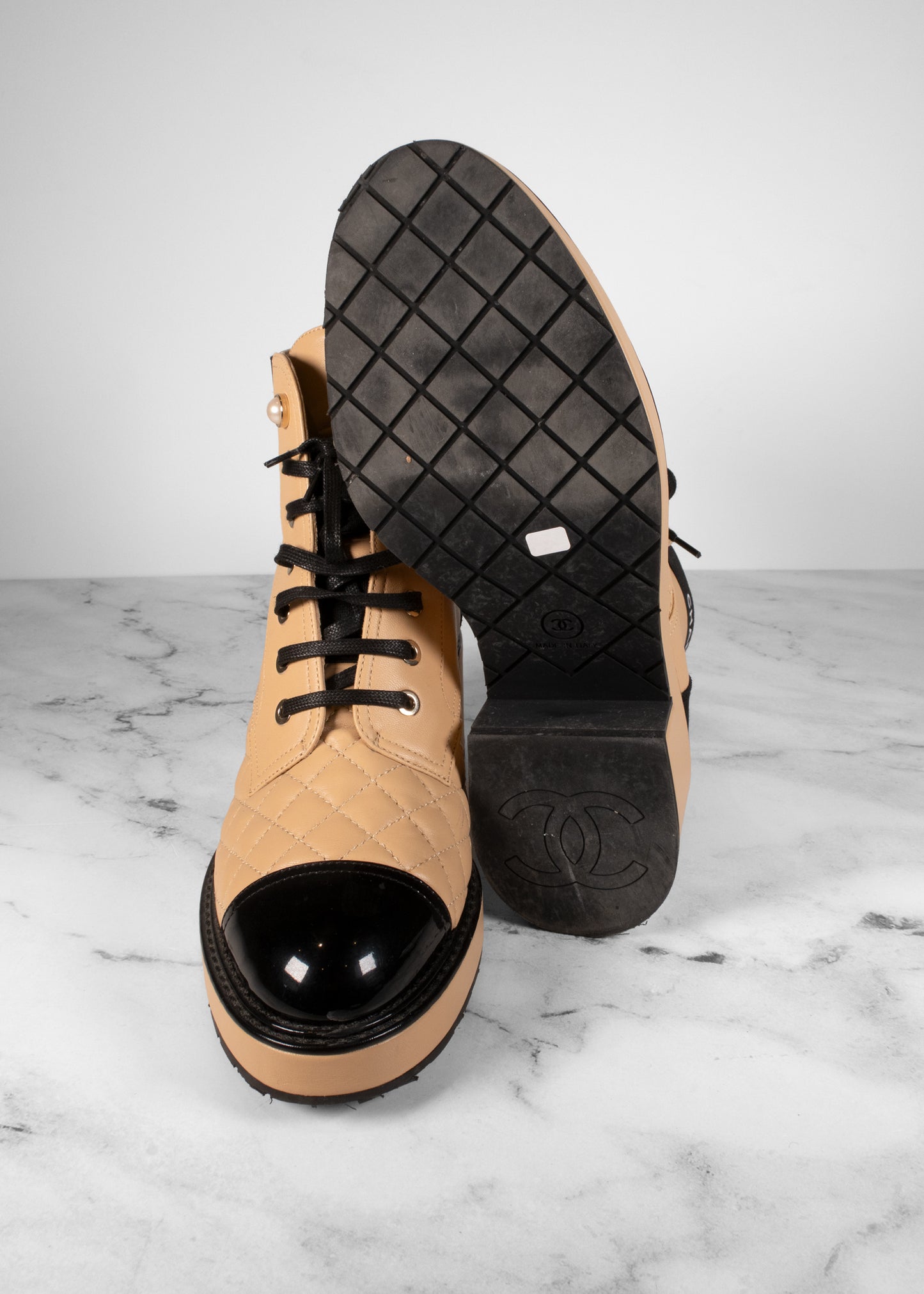 Chanel Lambskin Patent Calfskin Quilted Lace Up Boots