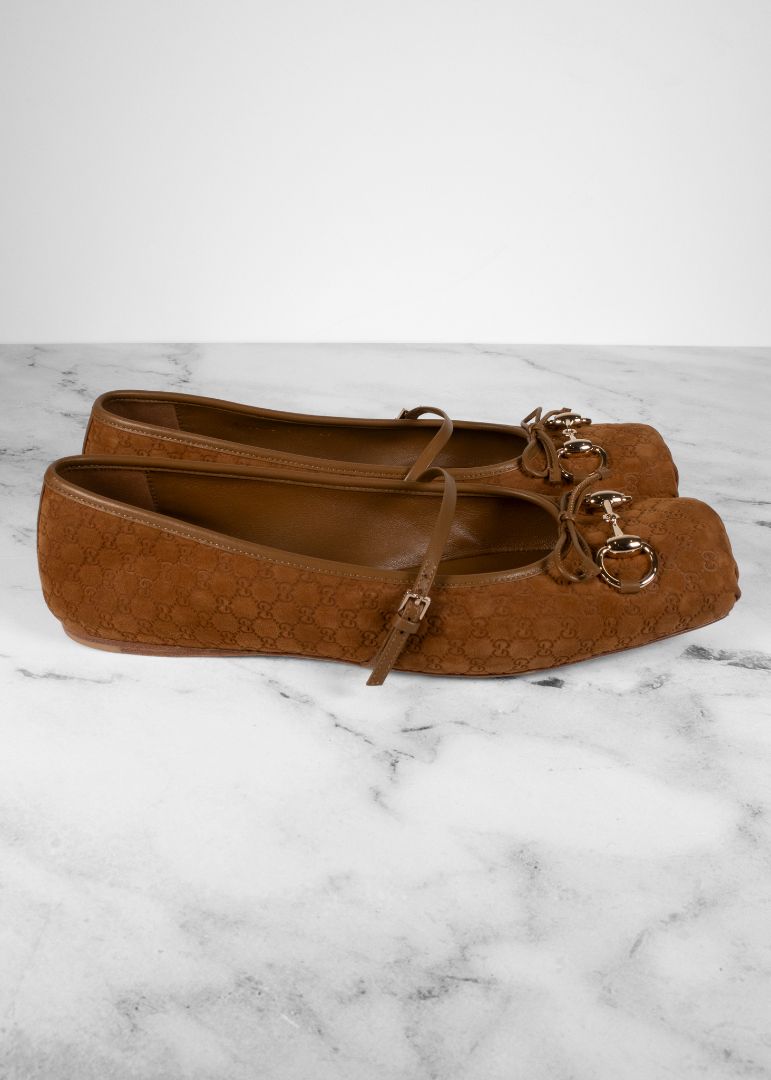 Gucci Brown Suede Monogram Flats With Horsebit
