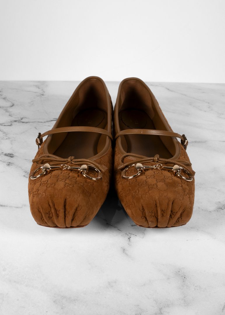 Gucci Brown Suede Monogram Flats With Horsebit