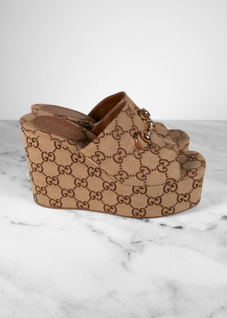 Gucci Brown Monogram Platform Slides With Horsebit Detail
