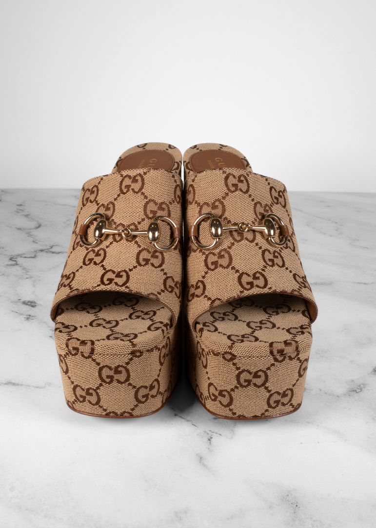 Gucci Brown Monogram Platform Slides With Horsebit Detail