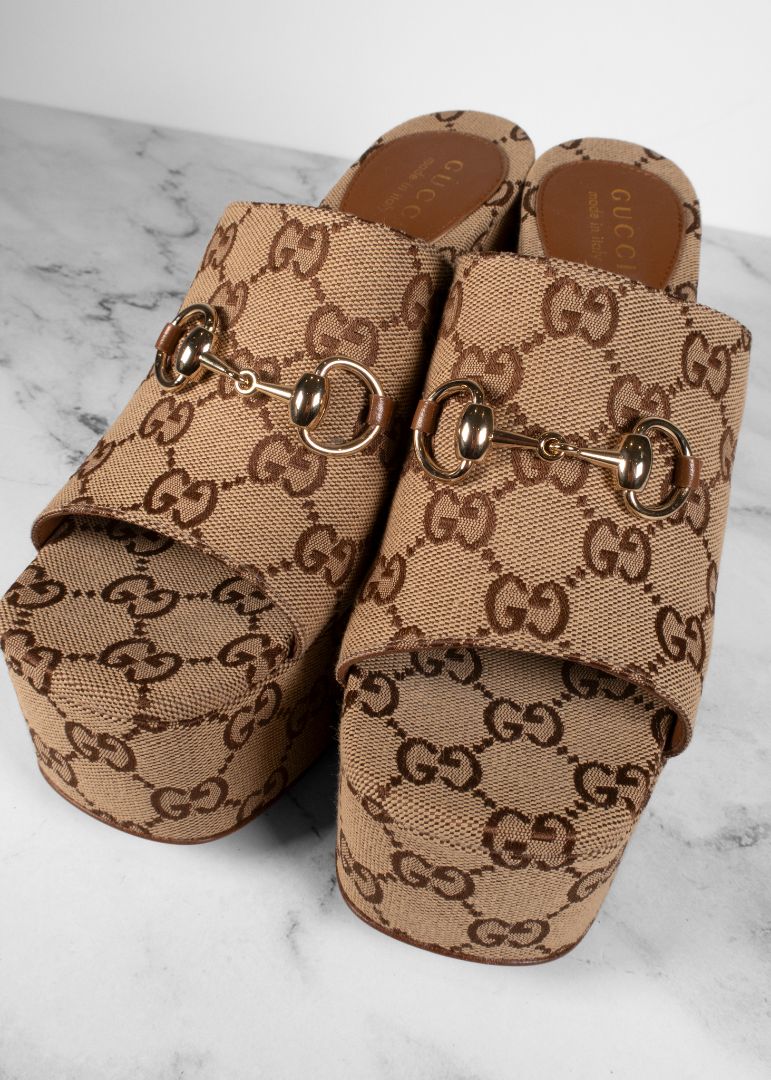 Gucci Brown Monogram Platform Slides With Horsebit Detail
