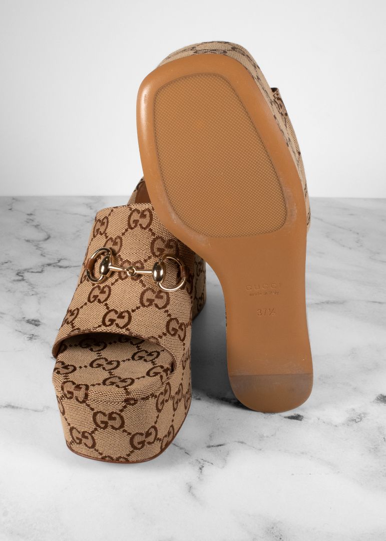 Gucci Brown Monogram Platform Slides With Horsebit Detail