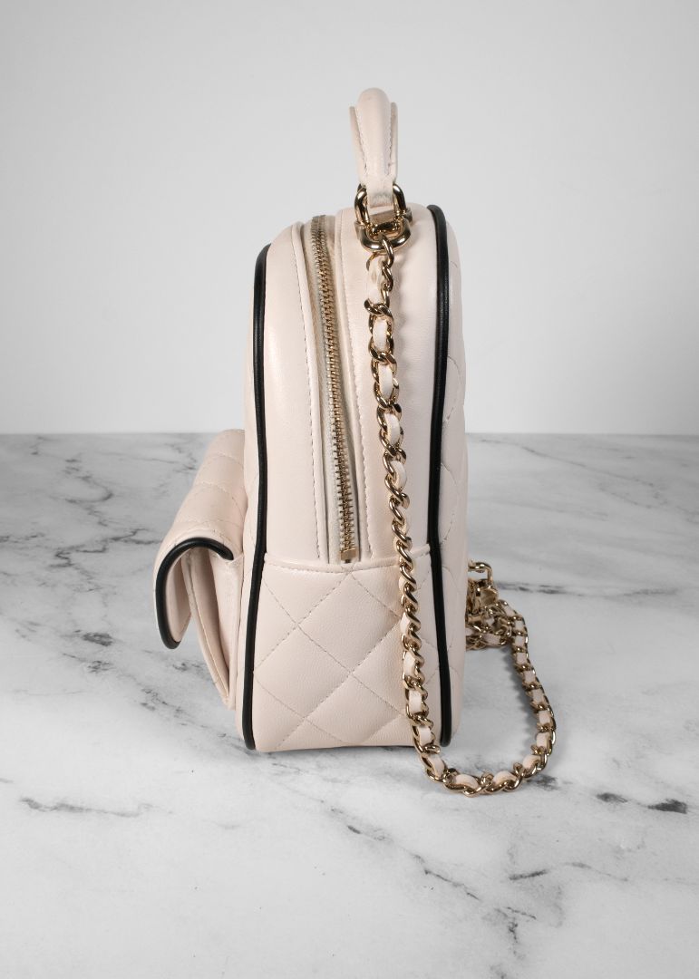 Chanel White Quilted Leather Mini Backpack With Gold Chains And Top Handle