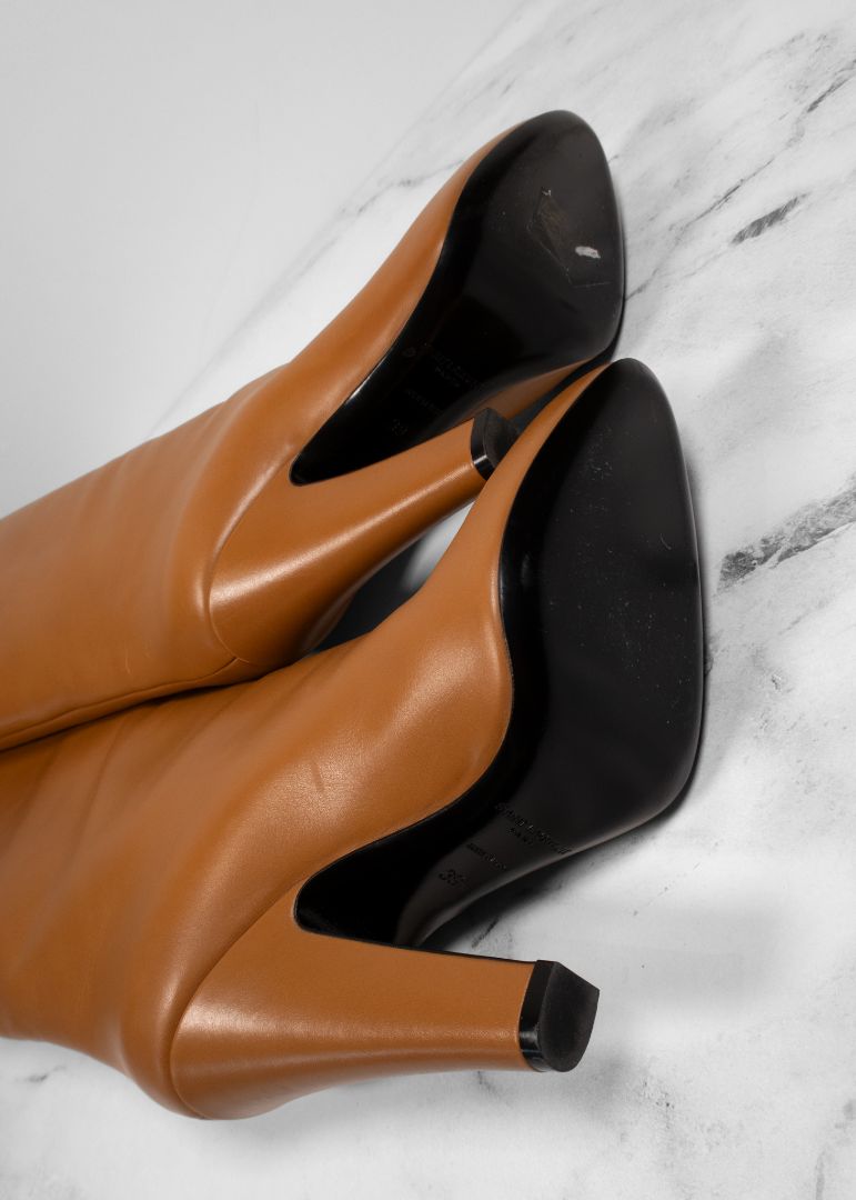 Saint Laurent Light Brown Leather Knee High Boots