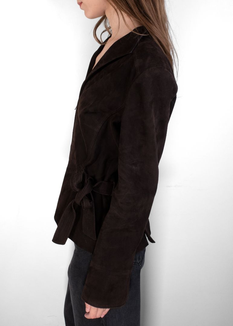 Valentino Dark Brown Suede Belted Jacket With Structured Shoulders