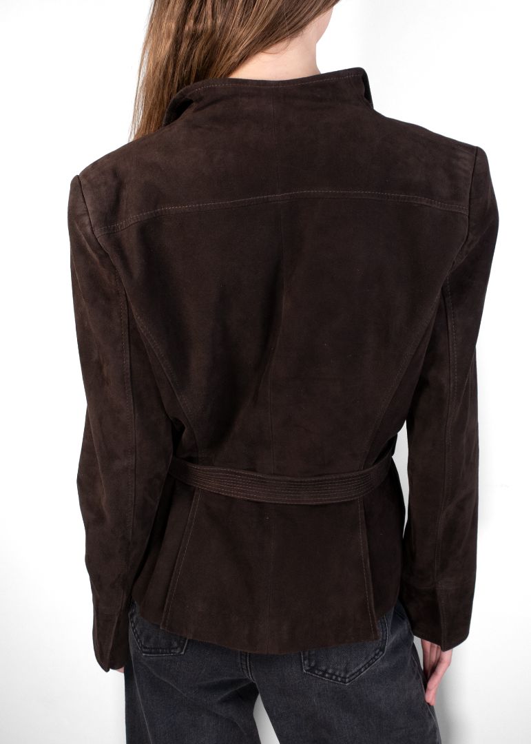 Valentino Dark Brown Suede Belted Jacket With Structured Shoulders