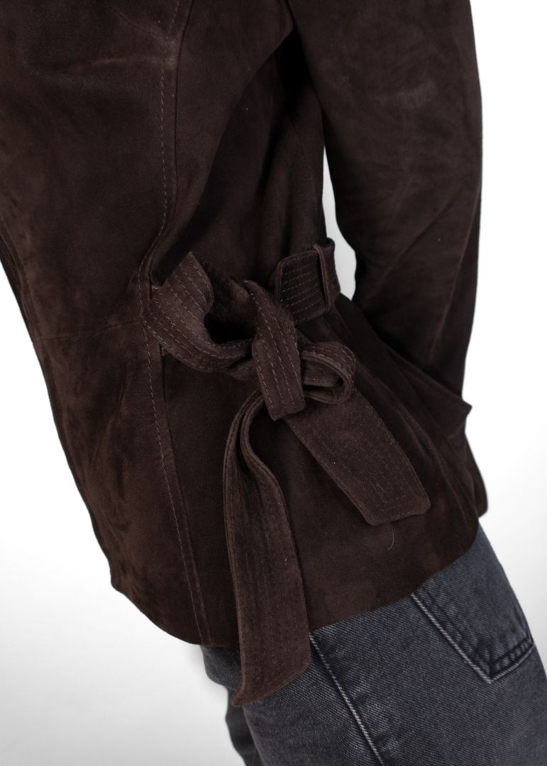 Valentino Dark Brown Suede Belted Jacket With Structured Shoulders