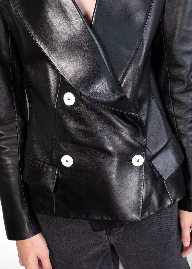 Louis Vuitton Black Leather Blazer With White Buttons