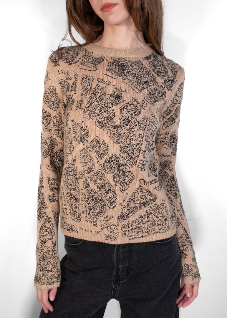 Dior Beige Cashmere Sweater With Intricate Black Toile Style Print Design