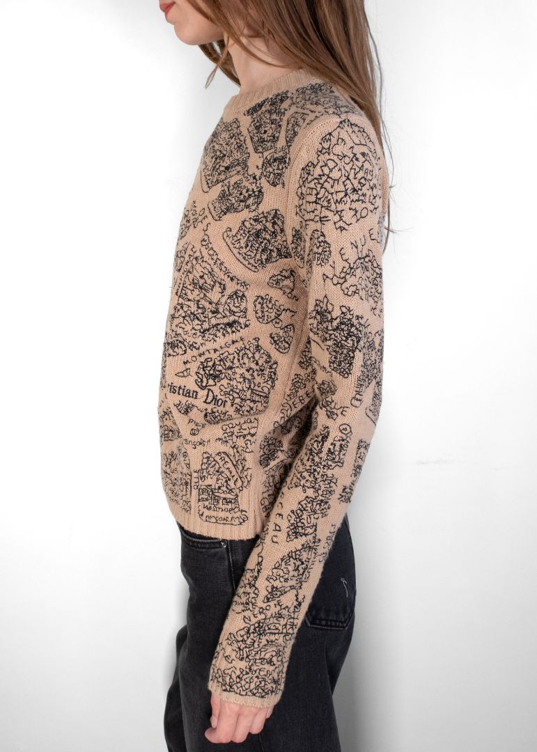 Dior Beige Cashmere Sweater With Intricate Black Toile Style Print Design