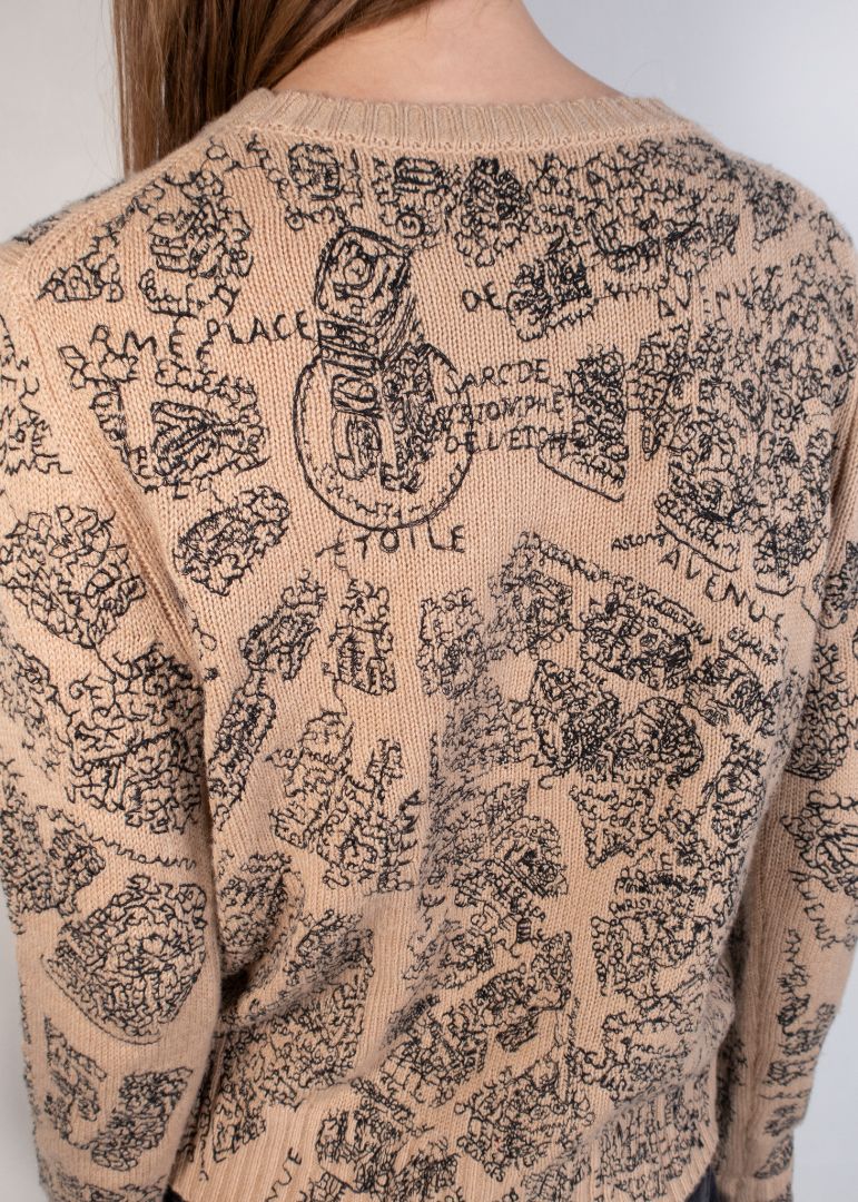Dior Beige Cashmere Sweater With Intricate Black Toile Style Print Design