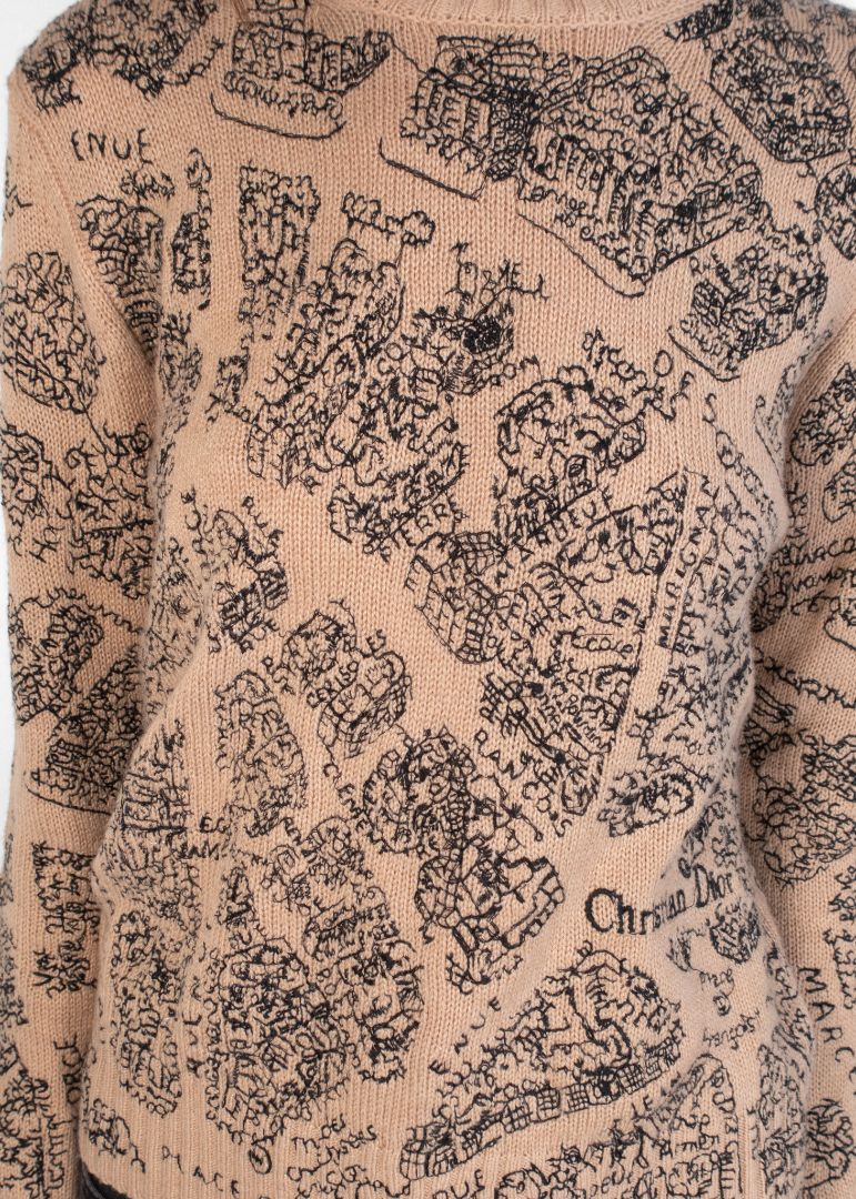 Dior Beige Cashmere Sweater With Intricate Black Toile Style Print Design