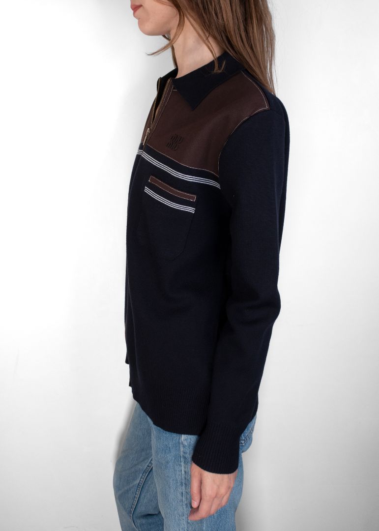 Miu Miu Navy Wool And Brown Suede Zip Up Jacket
