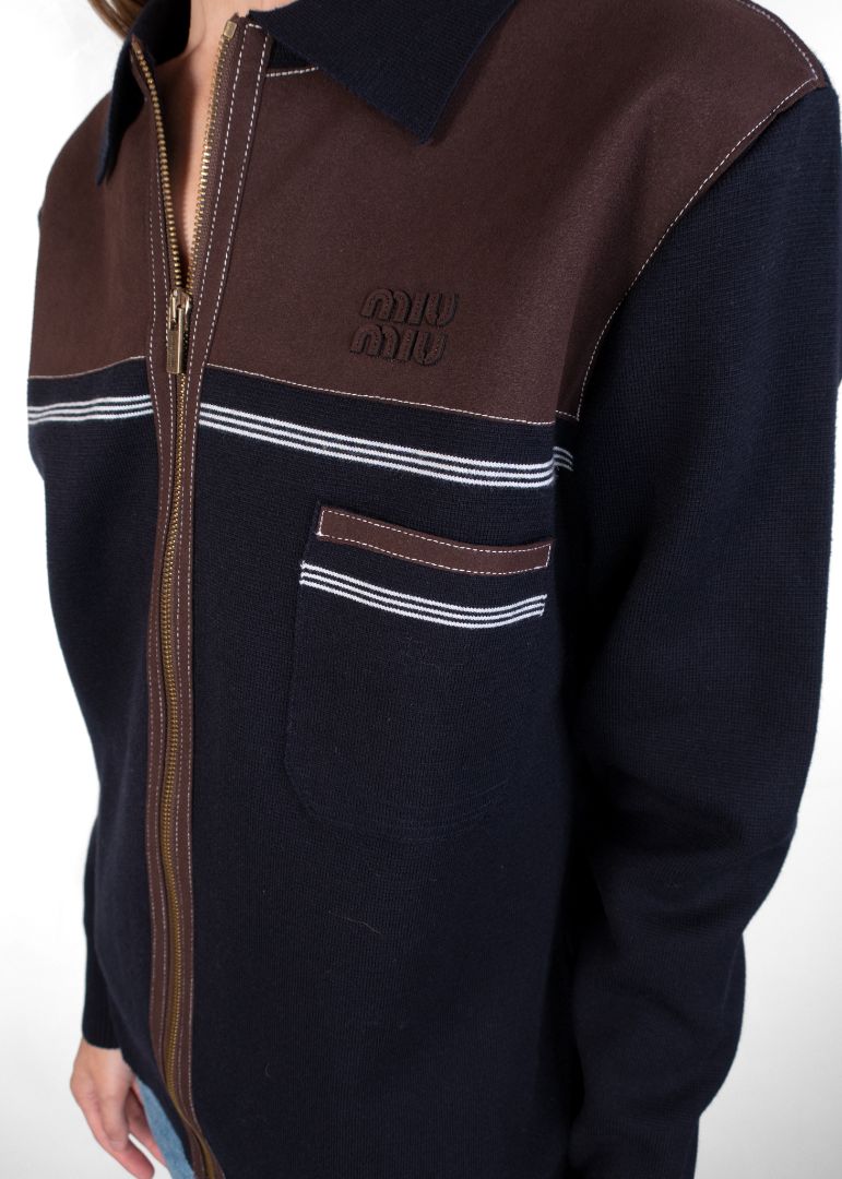 Miu Miu Navy Wool And Brown Suede Zip Up Jacket