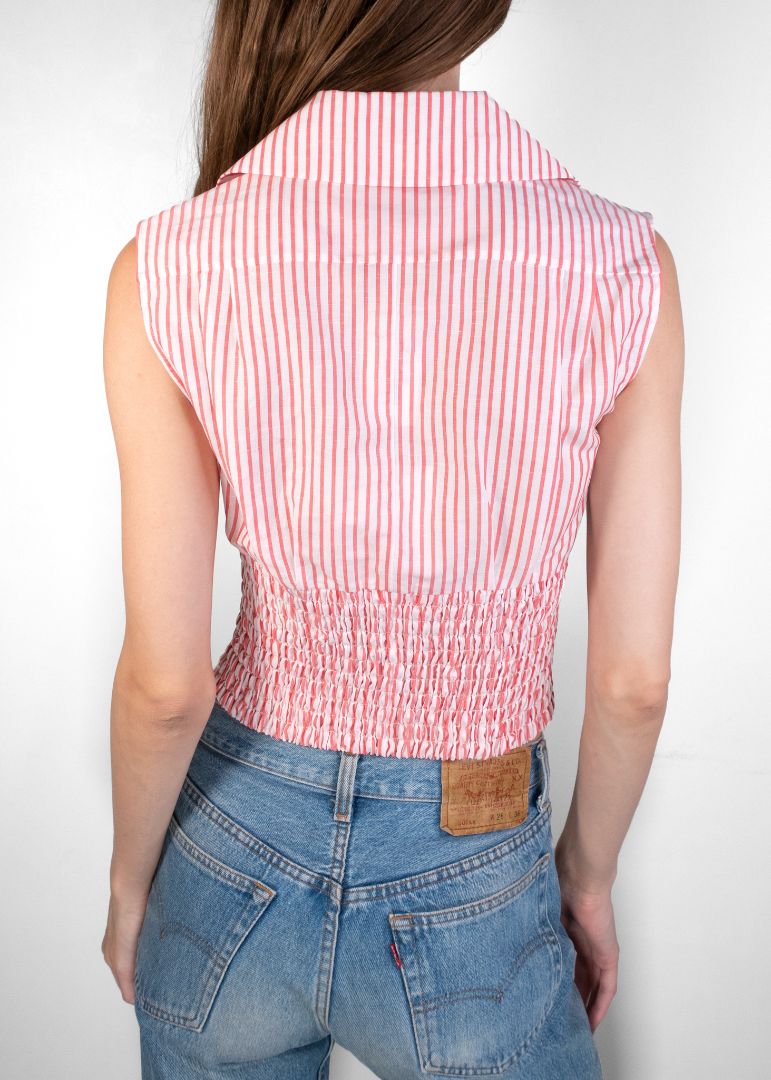 Chanel Red/white Striped Sleeveless Top With Collar