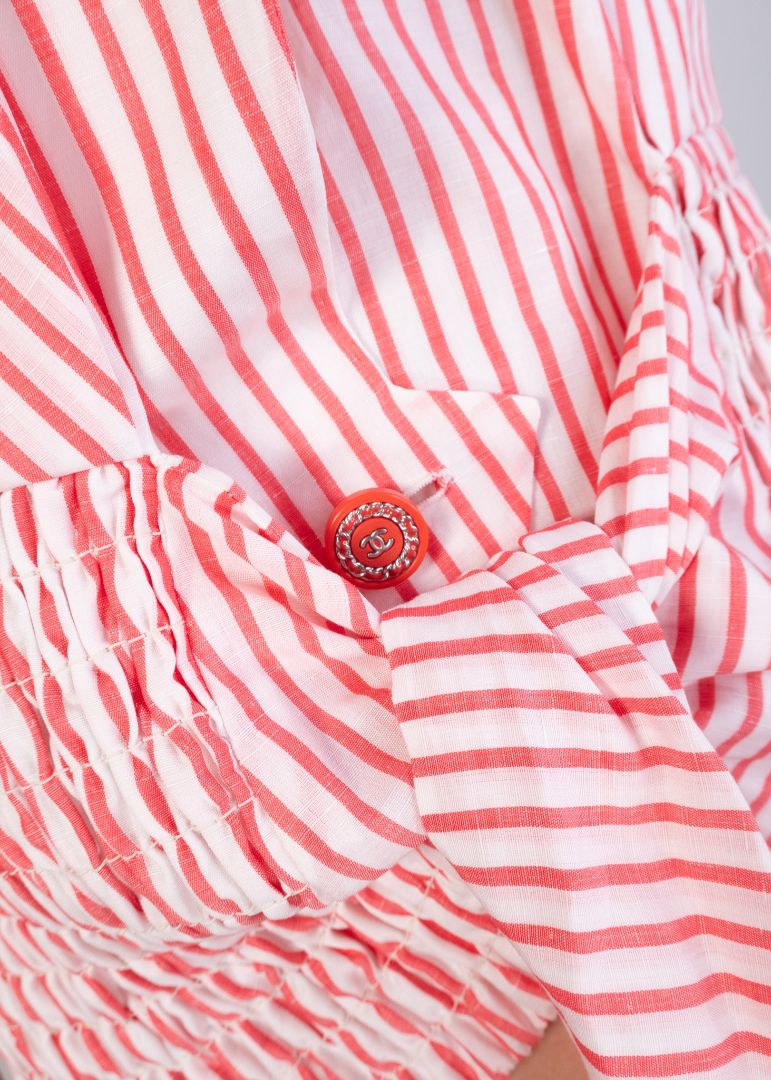 Chanel Red/white Striped Sleeveless Top With Collar