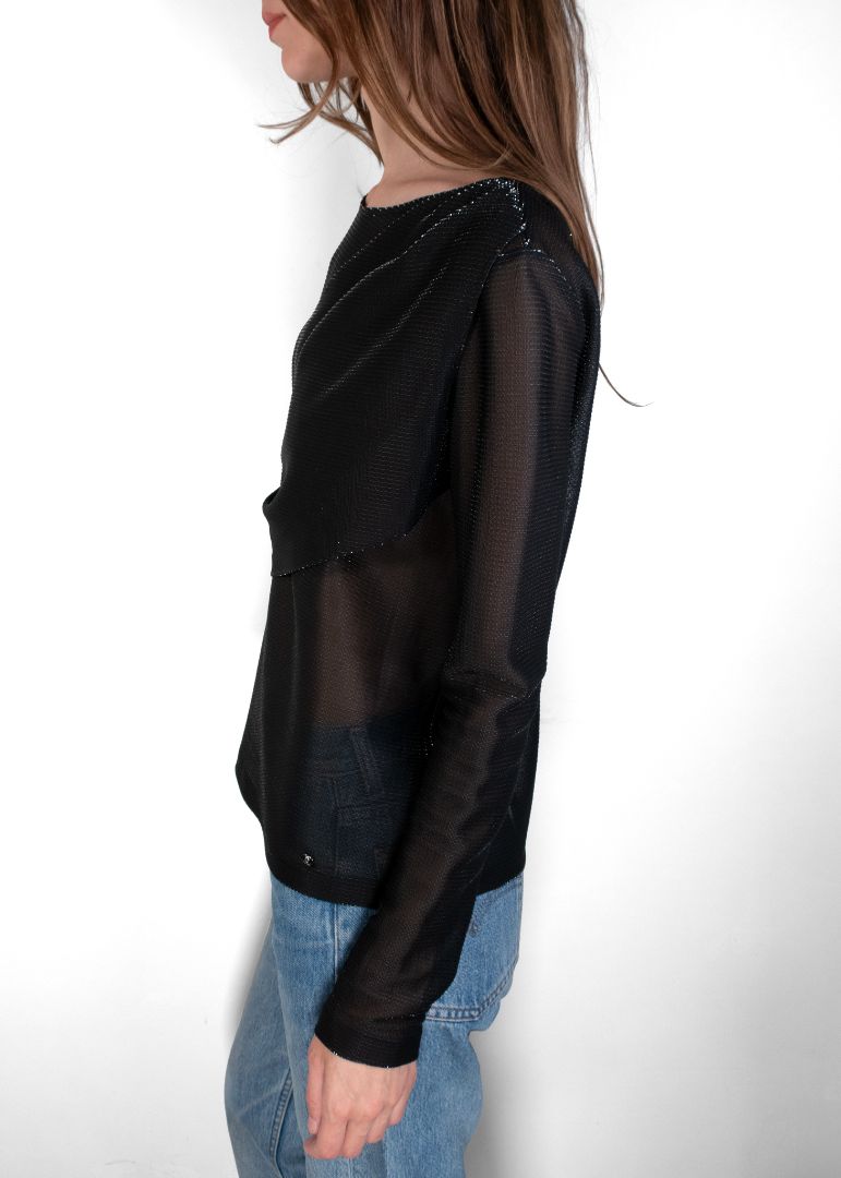 Chanel Black Sheer Blouse With Silver Stitching