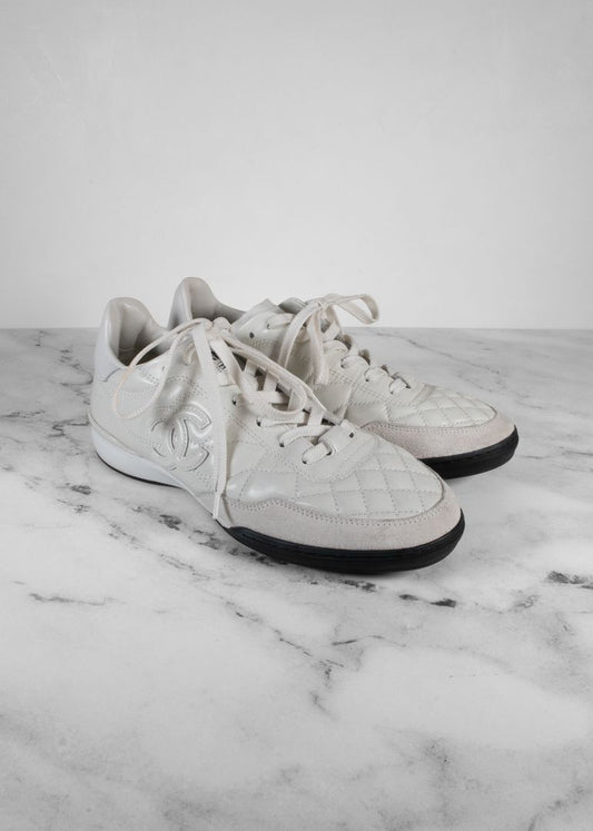 Chanel White Quilted Leather And Suede Sneakers