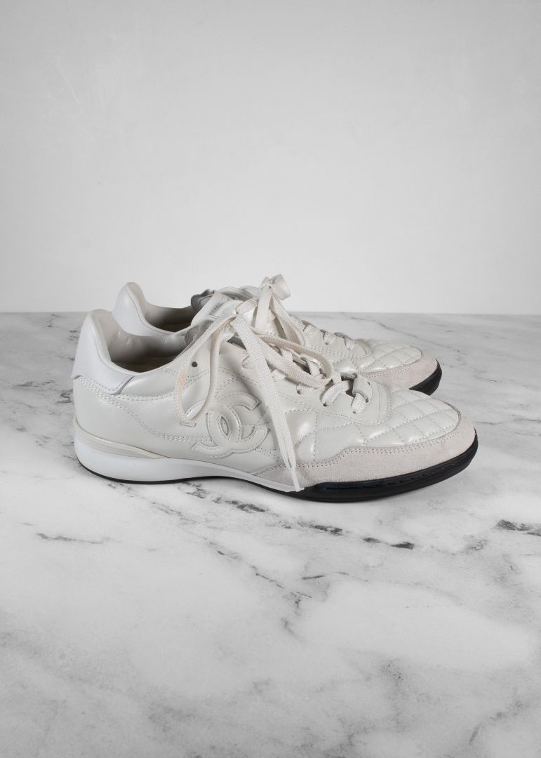 Chanel White Quilted Leather And Suede Sneakers