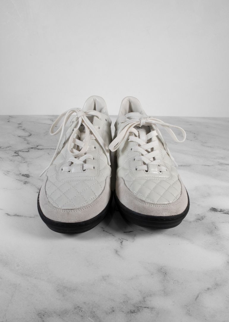 Chanel White Quilted Leather And Suede Sneakers