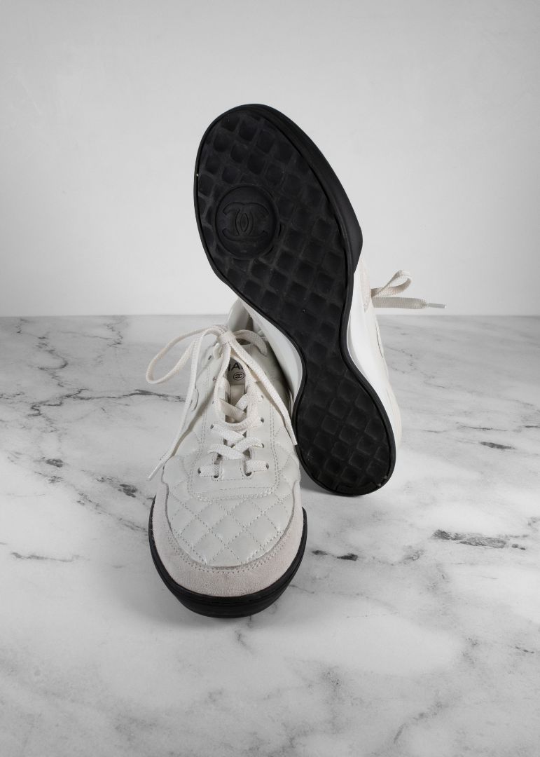 Chanel White Quilted Leather And Suede Sneakers