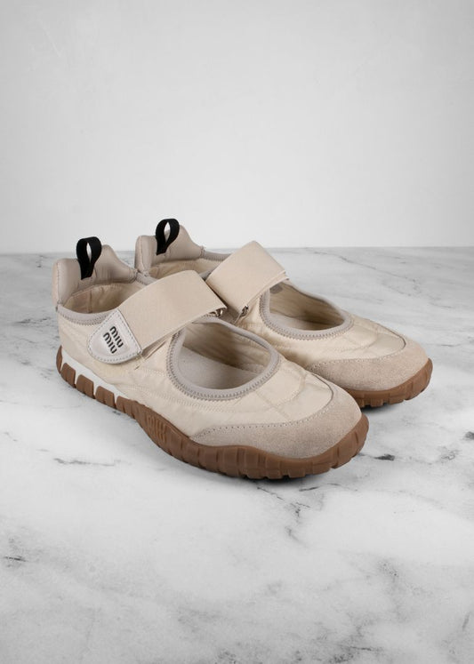Miu Miu Ivory Tyre Technical Fabric And Suede Ballerina Sneakers