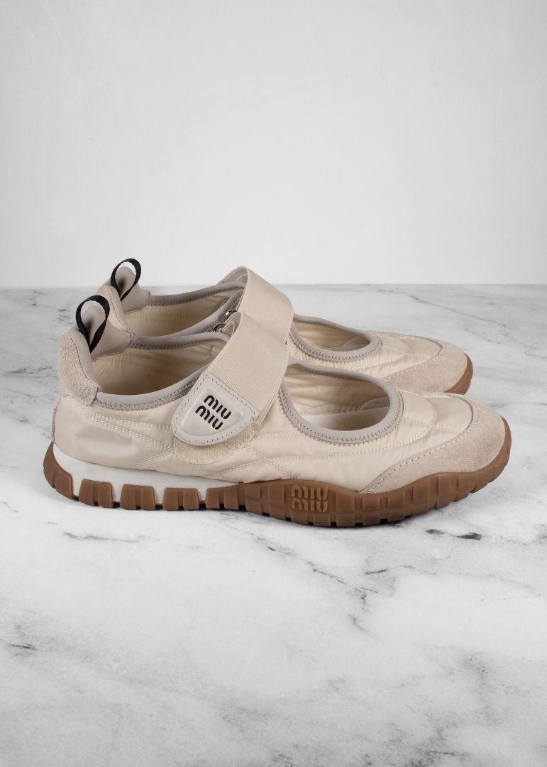 Miu Miu Ivory Tyre Technical Fabric And Suede Ballerina Sneakers