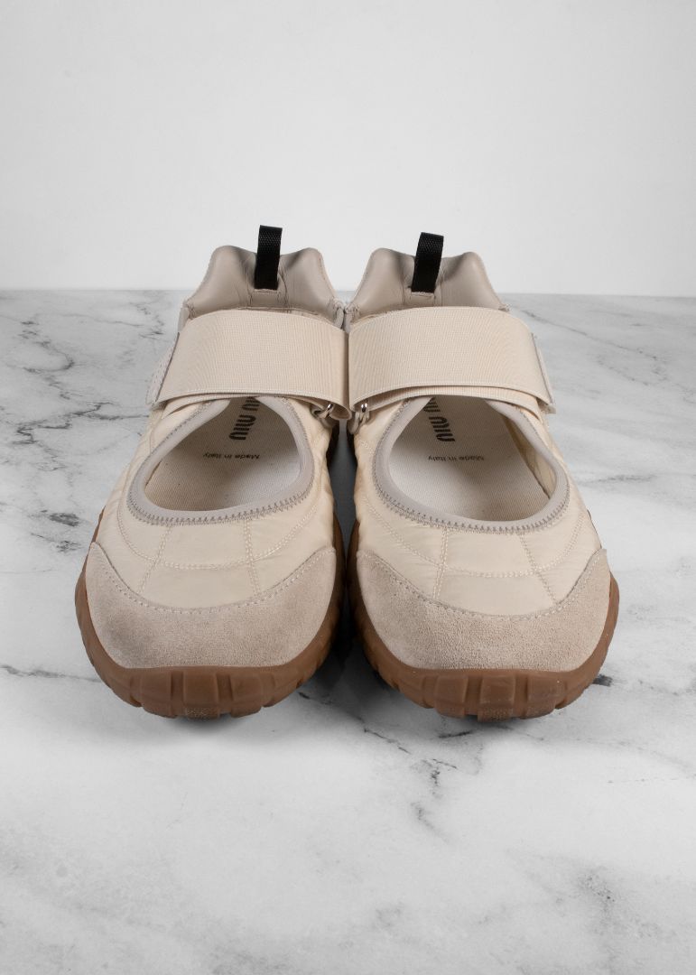 Miu Miu Ivory Tyre Technical Fabric And Suede Ballerina Sneakers