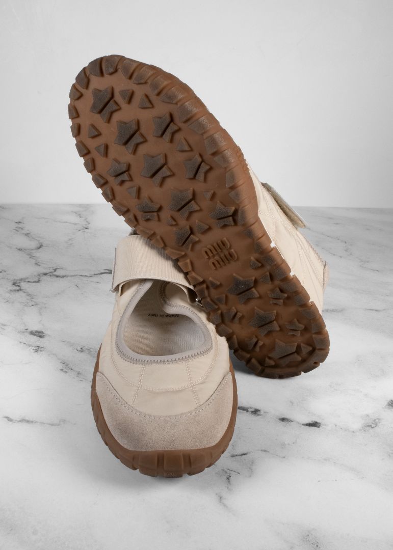 Miu Miu Ivory Tyre Technical Fabric And Suede Ballerina Sneakers