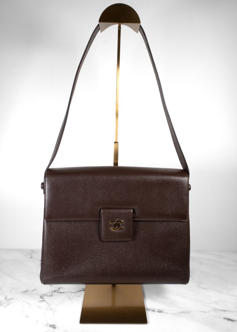 Chanel Brown Caviar Leather Shoulder Bag With Gold CC