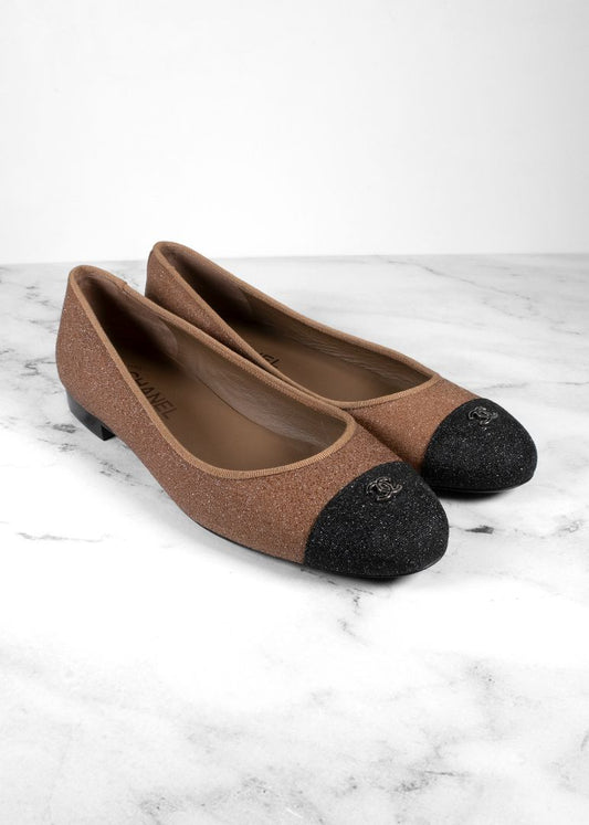 Chanel Bronze Glitter Finish Ballet Flats With Black Cap Toe And Gold CC