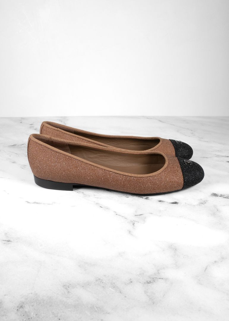 Chanel Bronze Glitter Finish Ballet Flats With Black Cap Toe And Gold CC