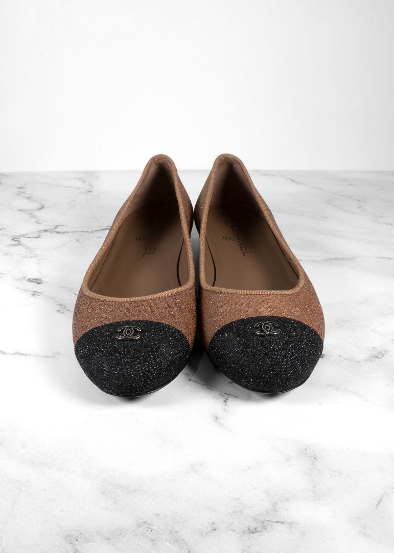 Chanel Bronze Glitter Finish Ballet Flats With Black Cap Toe And Gold CC