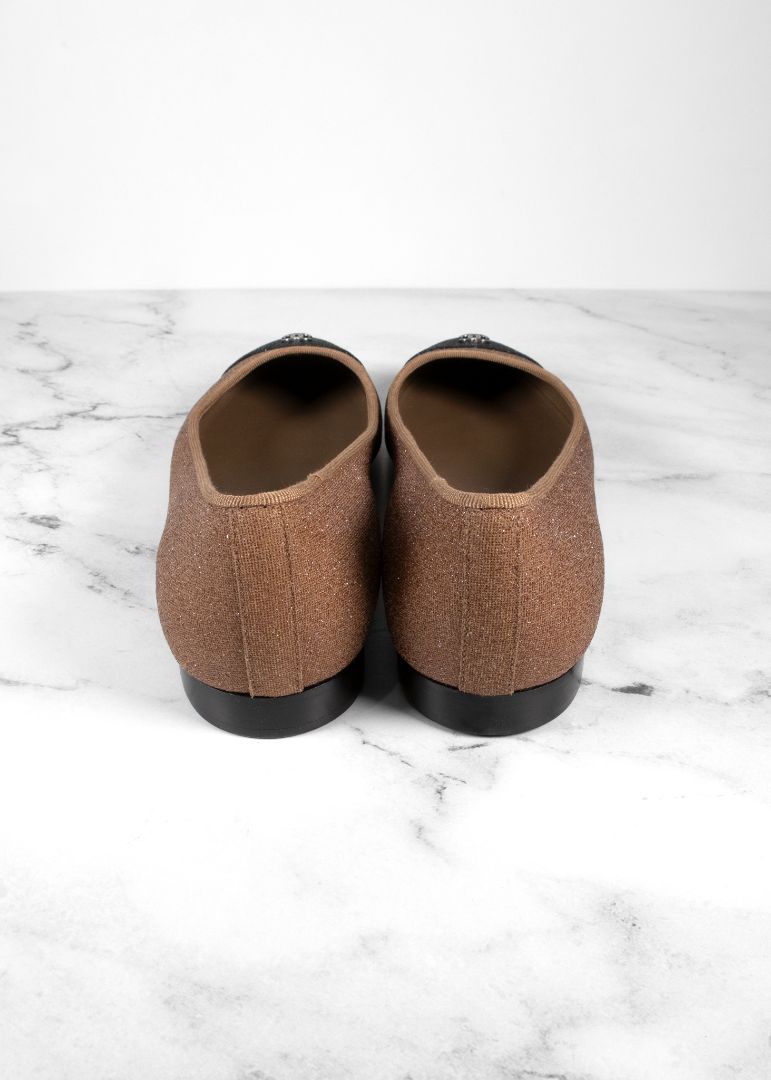 Chanel Bronze Glitter Finish Ballet Flats With Black Cap Toe And Gold CC